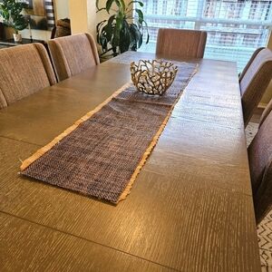 VINTAGE 2 piece Runner Tan Burlap w Fringe & Brown Weave. 72"x14"